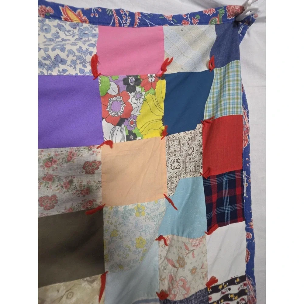 Vintage Handmade Patchwork Tied Quilt 47x40 Cotton Poly Scrap Fabric Folk Art